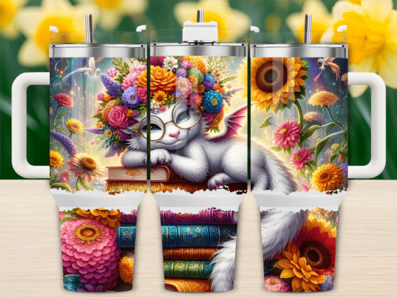 Floral Cat Dragon Books Tumbler Wrap
