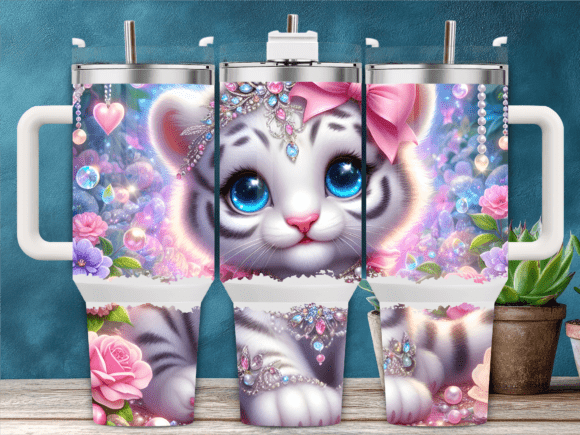 Sparkly White Tiger Flowers 40oz Tumbler