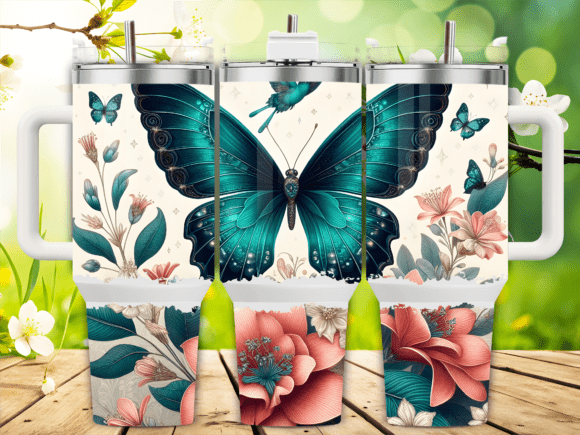 Teal Floral Butterfly 40oz Tumbler Wrap