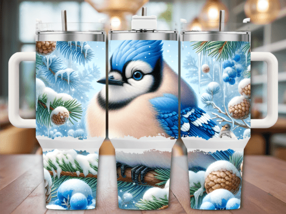 Winter Blue Jay Snow Pine 40oz Tumbler